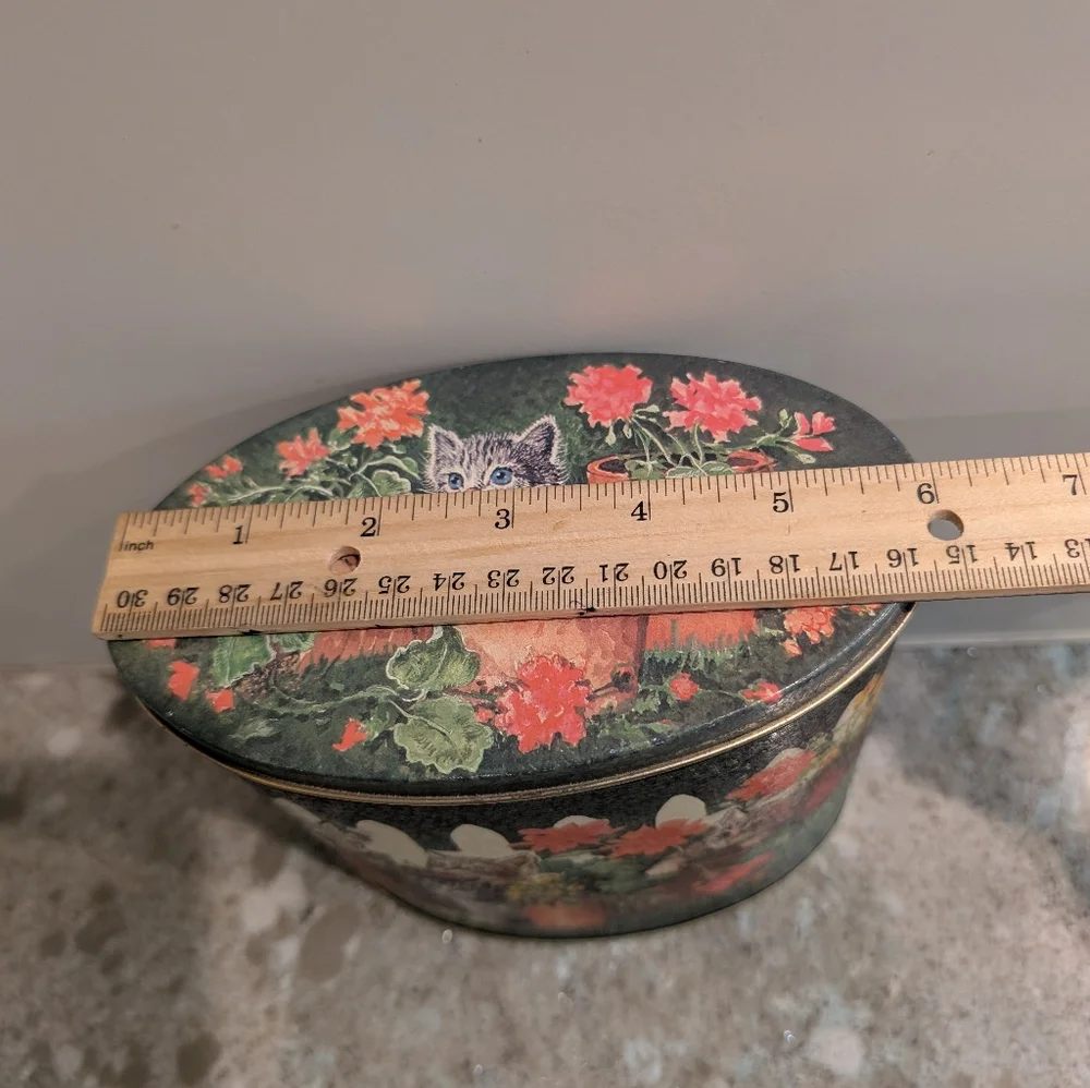 Vintage Oval Tin with Kittens Flowers and Pots